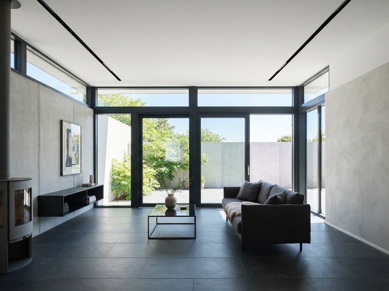 Sharp architectural elevation of a modern living room with a perfectly smooth plasterboard ceiling and recessed LED channels, bright daylight