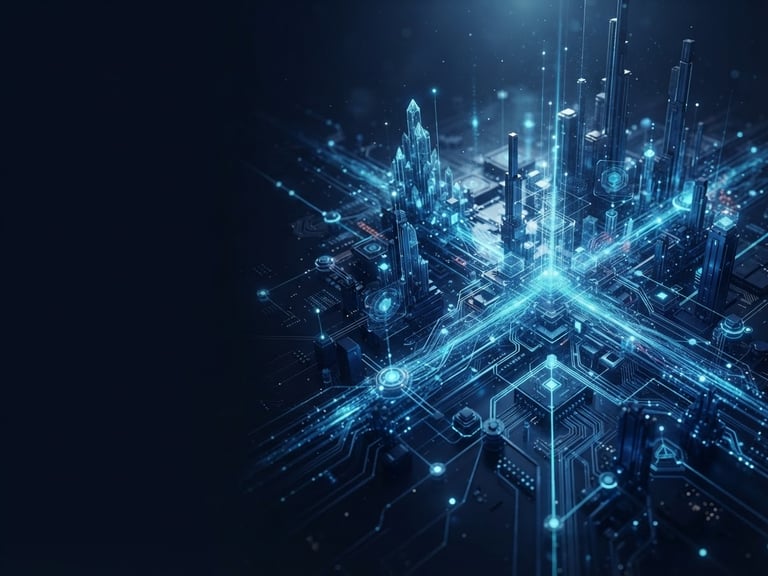 Sleek 3D render of abstract data architecture, deep navy and electric blue lighting, sharp focus, cinematic composition with generous negative space on the left.