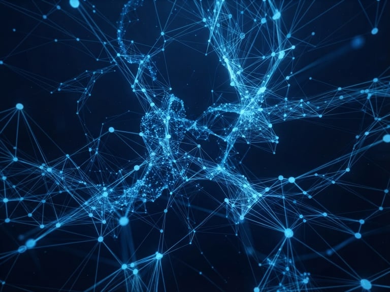 Sleek 3D render of abstract data architecture, glowing electric blue nodes connected by sharp vector lines on a deep navy background, cinematic lighting, ultra-detailed.