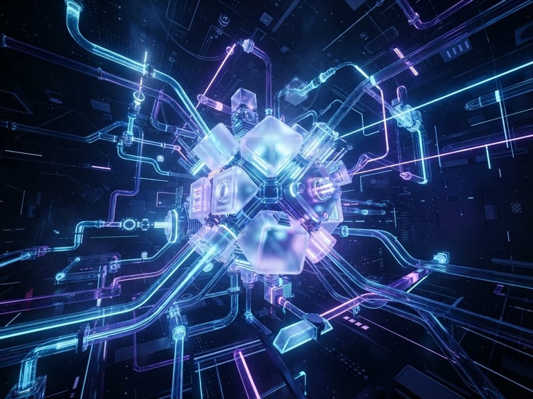Sleek dark-mode 3D render of glowing neon blue and violet data pipelines, glassmorphism nodes, high-contrast studio lighting, octane render style