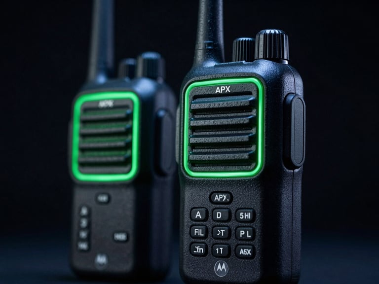Motorola Solutions APX series rugged walkie-talkie, tight macro shot, dramatic green rim lighting, 85mm