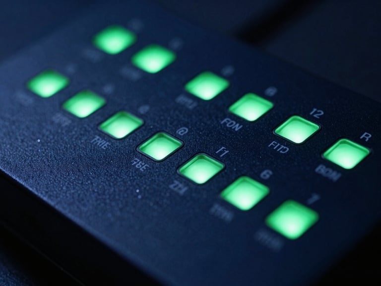 Macro shot of radio repeater equipment with glowing green indicators, deep navy background, sharp focus, 85mm