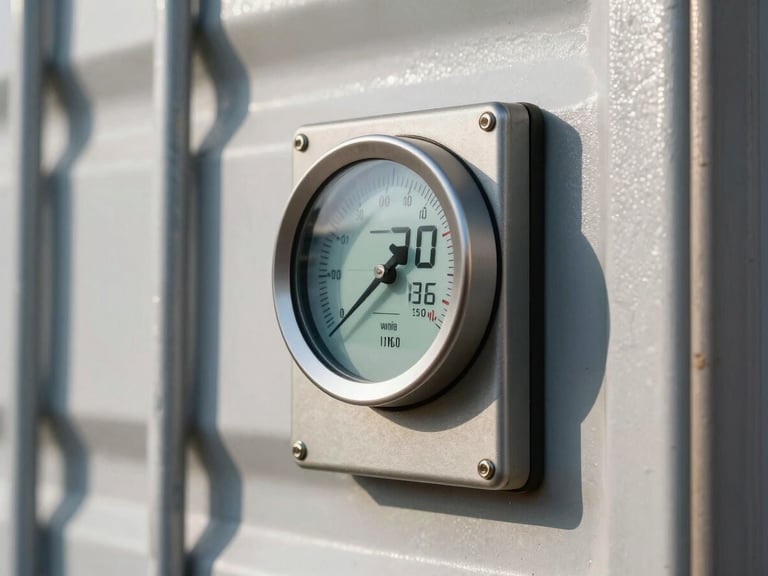 Close-up of a digital temperature gauge on a modern refrigerated shipping container, showing stable low temperatures, bright sunlight reflecting on clean steel paneling