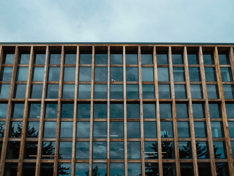 Wide shot of a modern architectural facade featuring natural timber and glass, under overcast Pacific daylight, cool blue tones, 35mm
