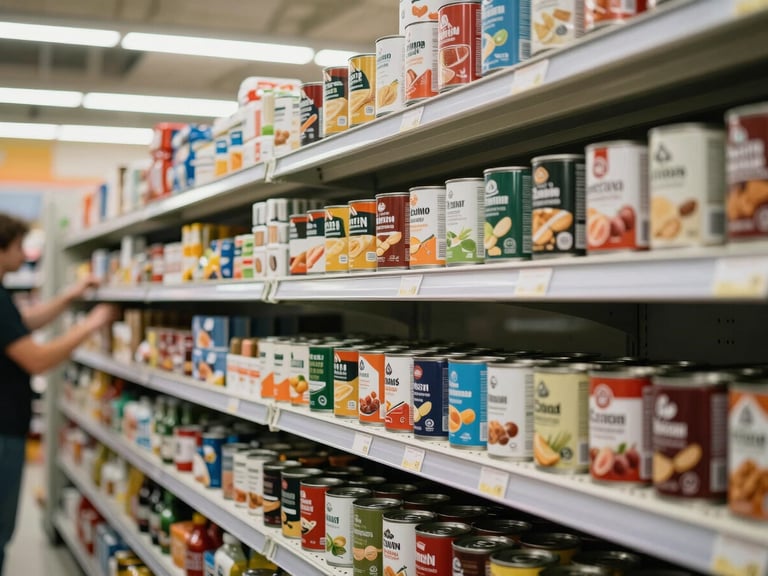 Close-up overhead framing of a well-organized supermarket shelf loaded with canned goods and everyday grocery products, fluorescent retail lighting as it naturally appears in-store, product labels facing forward in neat rows, a store staff member's hands visible arranging items at the shelf edge — abundance and order in one frame