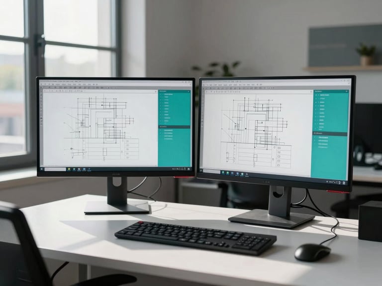 Wide environmental shot of a quiet design studio, two monitors side-by-side showing wireframe layouts and teal-accented component specs, clean desk surface, cool daylight entering from a large left-side window casting sharp shadows across the workspace