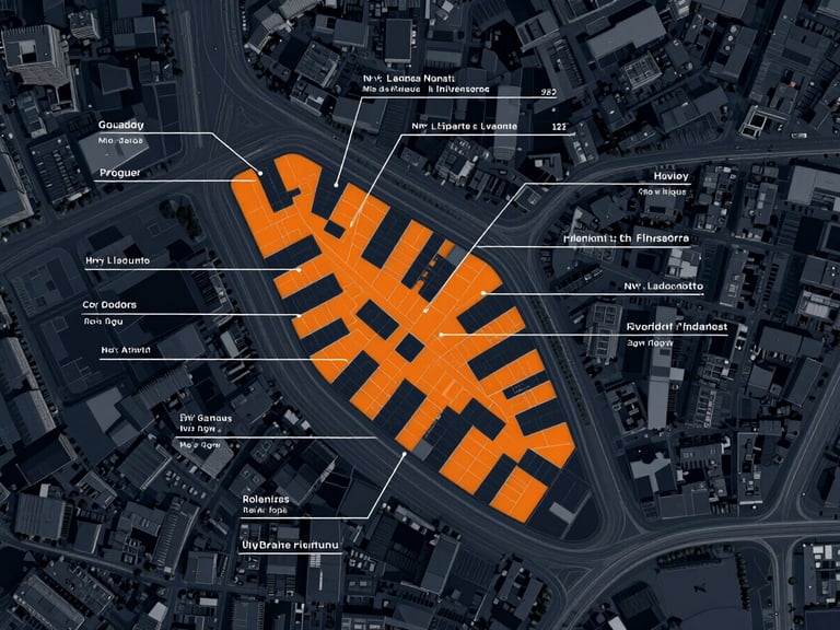 Top-down orthographic vector map of an urban neighborhood, highlighted plot in vibrant orange, technical data callouts and clean typography, dark navy background.
