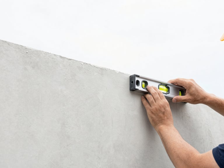 Close-up of a construction professional using a spirit level on a smooth plaster wall, bright natural daylight, clean minimalist aesthetic