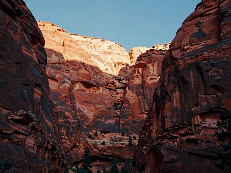 Cinematic shot of towering red sandstone cliffs of Zion Canyon, deep shadows, warm sunlight hitting the top of the canyon walls.