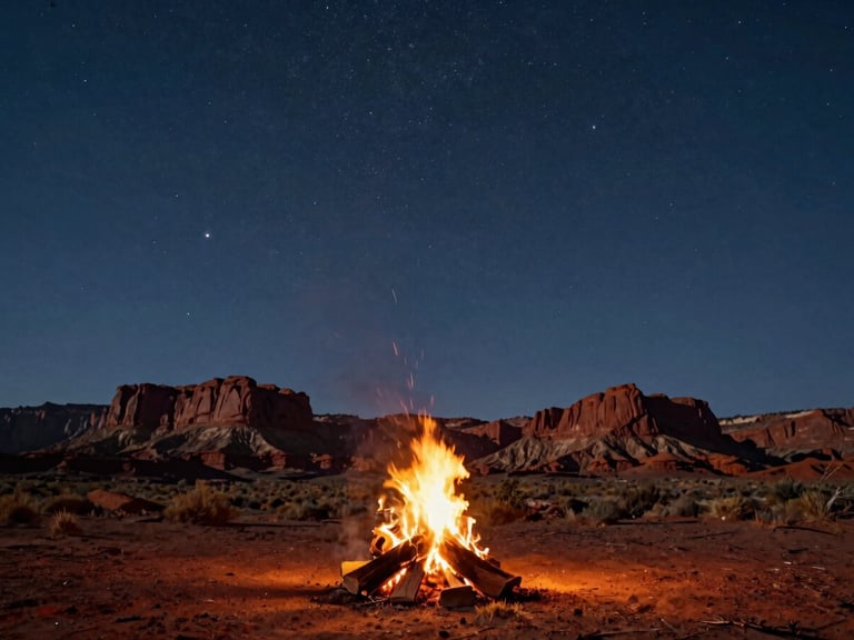 Cinematic low-angle shot of a campfire under a vast starry sky in the Utah desert, silhouettes of red rock formations in the background.