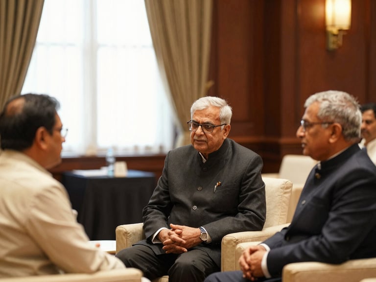 Dignified presentation at a Chitransh Chamber of Commerce & Industry national summit, warm soft lighting, professional Kayastha community leaders in conversation, elegant setting