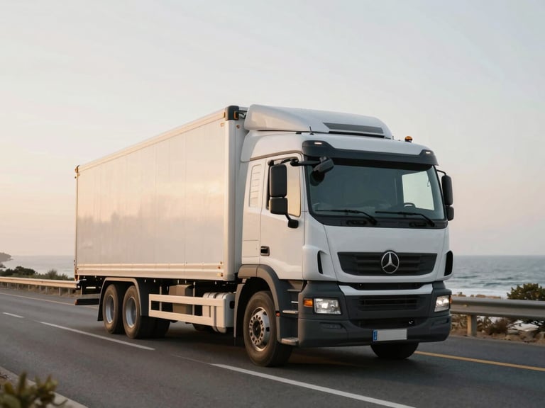 A clean modern transport truck driving along the Mediterranean coastal road near Tangier, soft golden hour daylight, cinematic framing, editorial style