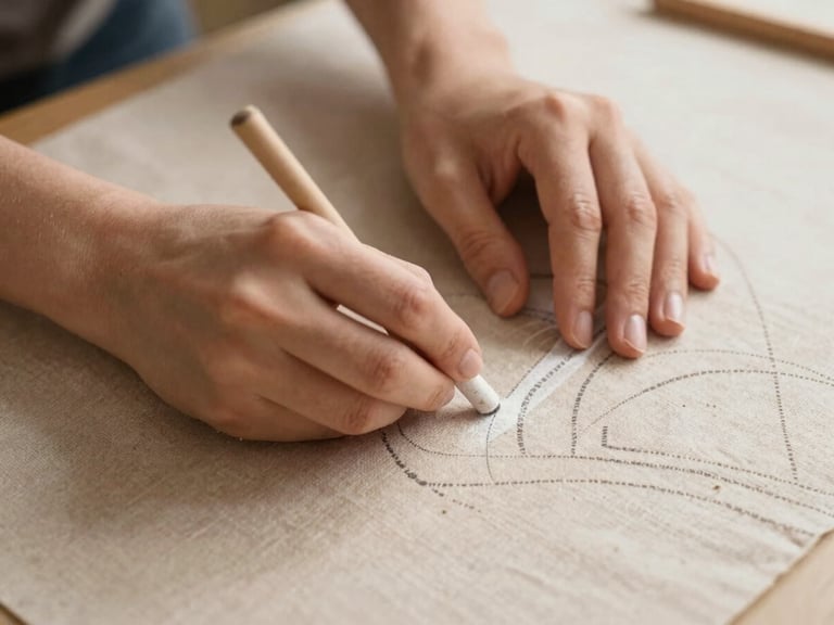 Close-up of a designer's hands tracing a pattern on fine linen with chalk, soft natural light, warm sand tones, shallow depth of field.