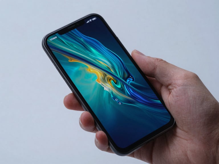 Macro shot of a developer's hand holding a high-density Android screen showing a fluid 120Hz native animation state under clean cool studio light.