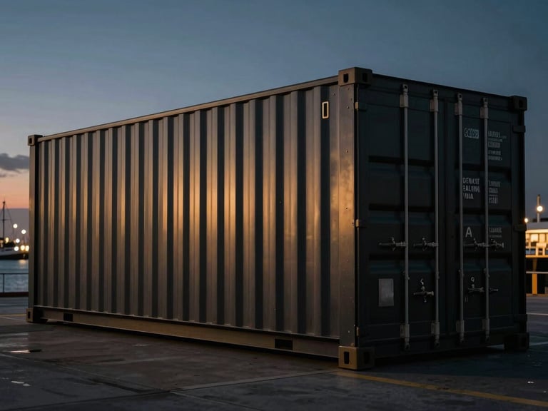 Sleek matte black cargo container with gold accents being loaded under dramatic harbor lights at dusk, low-key lighting, premium editorial style.