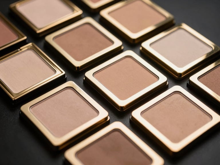 Close-up of luxury gold-trimmed cosmetic palettes arranged geometrically on a reflective black surface, dramatic low-key studio lighting, 35mm.