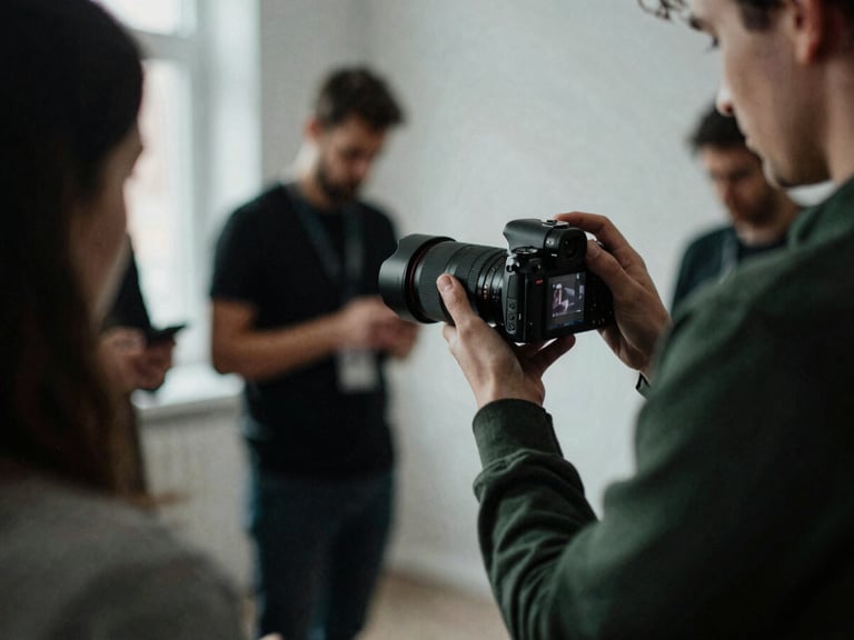 Candid shot of a marketing agency team member adjusting a camera lens during a food photoshoot, soft Scandinavian daylight, deep shadows, matte finish.