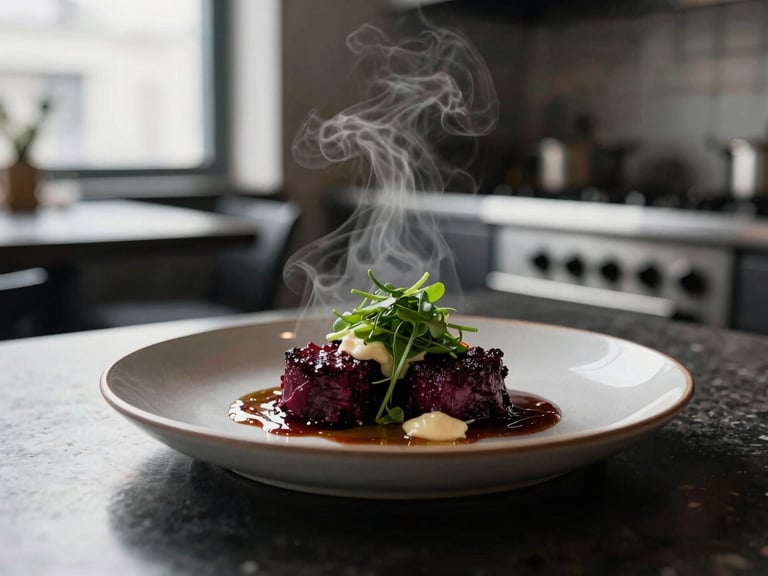 Tight editorial crop of steam rising from a beautifully plated dish in a cozy Scandinavian-style restaurant kitchen, soft directional daylight, high contrast.
