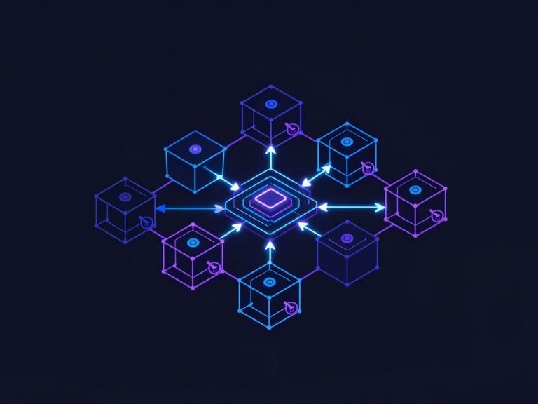 Sleek dark-mode vector illustration, glowing neon blue and violet accents, clean geometric schematics of a Kubernetes cluster, sharp technical details, orthographic projection