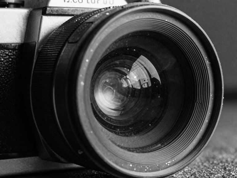 Extreme close-up of a gritty 35mm film camera lens, harsh direct sunlight reflecting off the glass, deep high-contrast shadows, heavy grain.