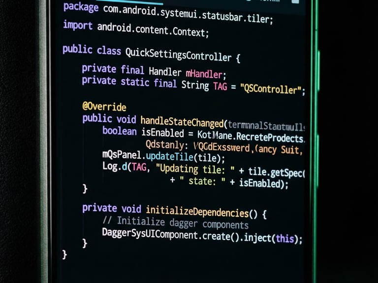 Macro close-up of a high-end physical Android phone screen displaying custom system-level UI code, sharp details, dramatic low-key studio lighting with neon green rim accents, 35mm