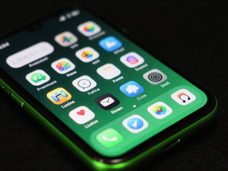 Macro close-up of a premium physical Android device screen showing a custom system interface with neon green accents under low-key dramatic studio lighting