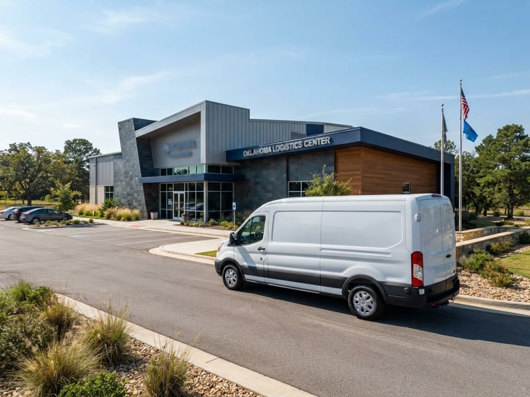 Wide environmental shot of a professional white fleet vehicle parked outside a clean, modern commercial facility in Northeast Oklahoma under bright natural daylight.