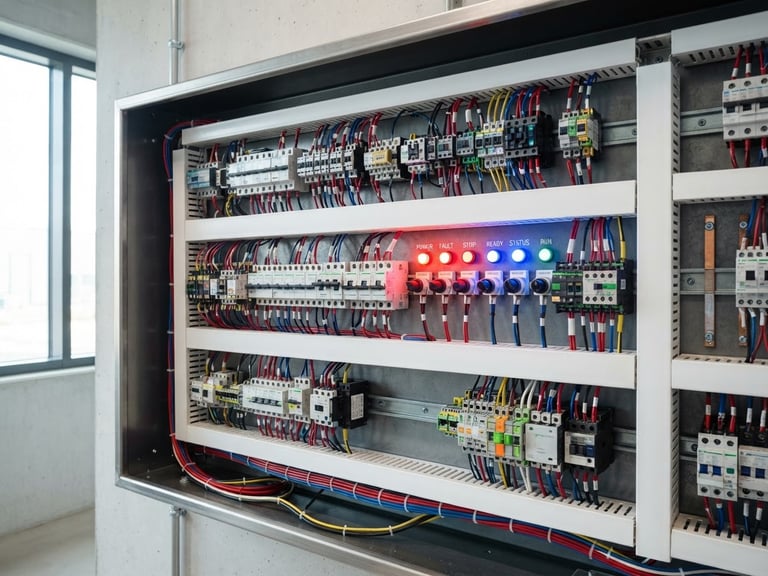 Close-up of a modern electrical control panel with clean wiring, bright daylight, high-contrast red and blue indicator lights, sharp architectural focus.