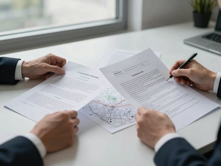 Hands spreading out printed legal documents and annotated maps on a sparse office table, overcast daylight through a window, clean institutional setting, tight framing