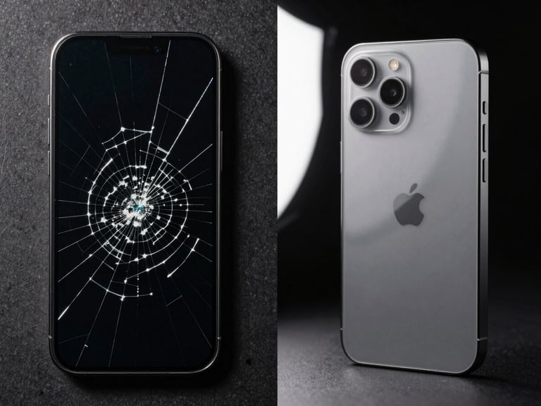 Split-frame documentary photograph: left half shows cracked phone screen with deep scratches under harsh overhead light, right half shows same phone model after BlindCell armoring — optically clear, zero visible damage, studio strobe, black background