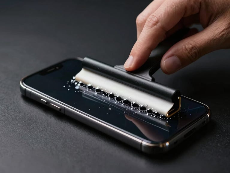 Documentary close-up, high-contrast studio lighting, smartphone lying flat on a dark work surface with protective film being applied, air bubbles being squeegeed out toward the edge, corner coverage visible, hands steady in frame, black background, industrial precision feel