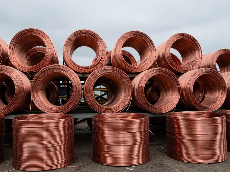 Raw pile of sorted copper wire coils in an industrial yard, natural overcast daylight, raw metallic textures, 35mm lens