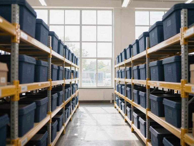 Bright, clean distribution warehouse with organized shelving, high-velocity logistics operations, natural light streaming through high windows.