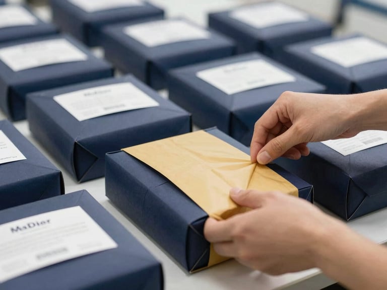 Close-up of physical consumer goods being carefully packaged in a clean, modern shipping facility with corporate navy accents.