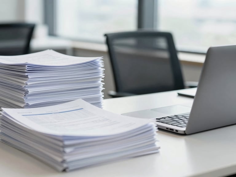 Organized workspace, documents neatly stacked, laptop open, focus on administrative tasks, bright natural daylight, clean navy and grey tones, sharp focus, 35mm lens