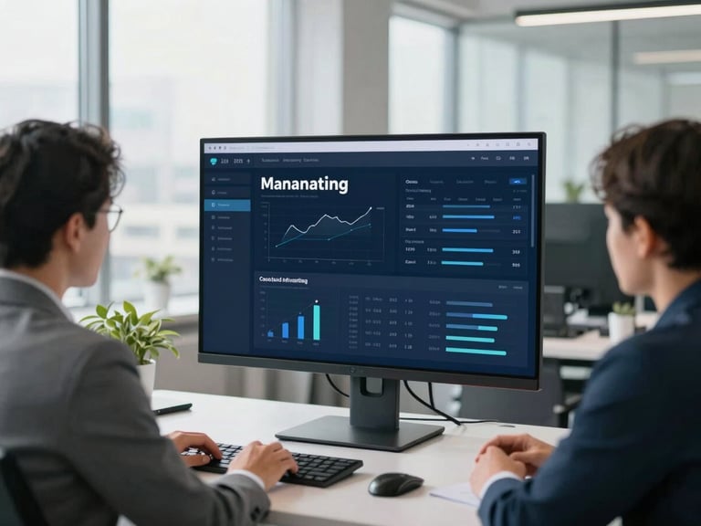 Modern office environment, digital marketing dashboard on a screen, professional team collaborating, bright natural daylight, clean navy and grey tones, sharp focus, 35mm lens