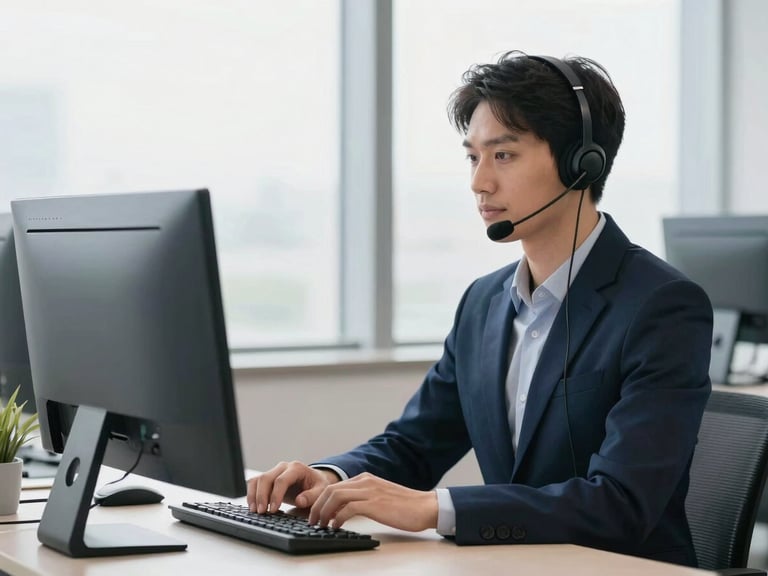 Customer service representative assisting a client, headset, computer screen with chat interface, professional and calm demeanor, bright natural daylight, clean navy and grey tones, sharp focus, 35mm lens