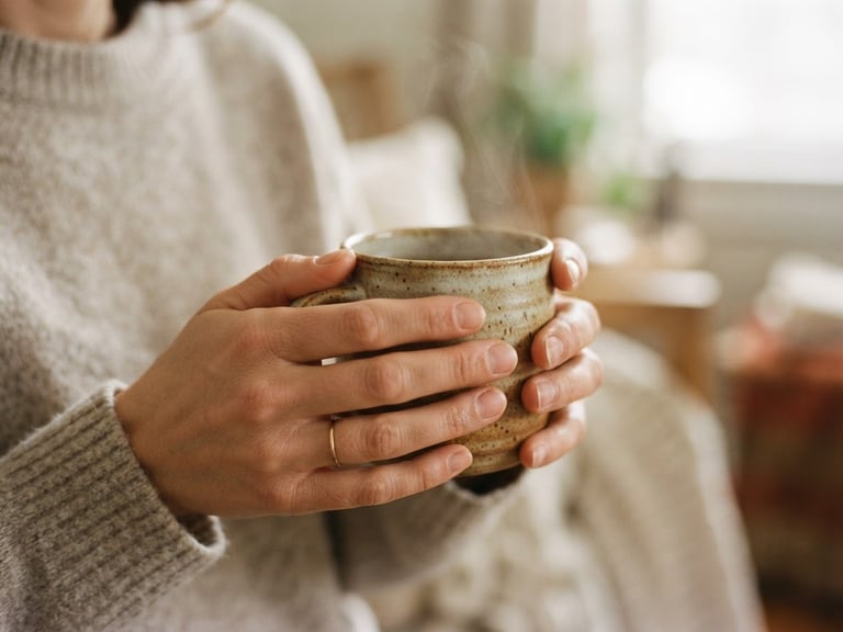 A comforting close-up of hands holding a warm ceramic mug in diffused, soft natural light, 35mm photography