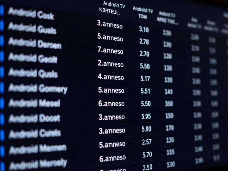 Extreme close-up of an Android TV interface displaying crisp monospaced system metrics, electric blue accents, dark-mode aesthetic.