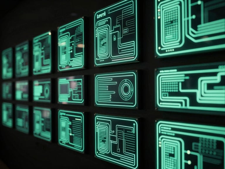 A wall of commercial displays in a dimly lit room, glowing with cyber-mint interface wireframes, high-contrast ambient lighting.