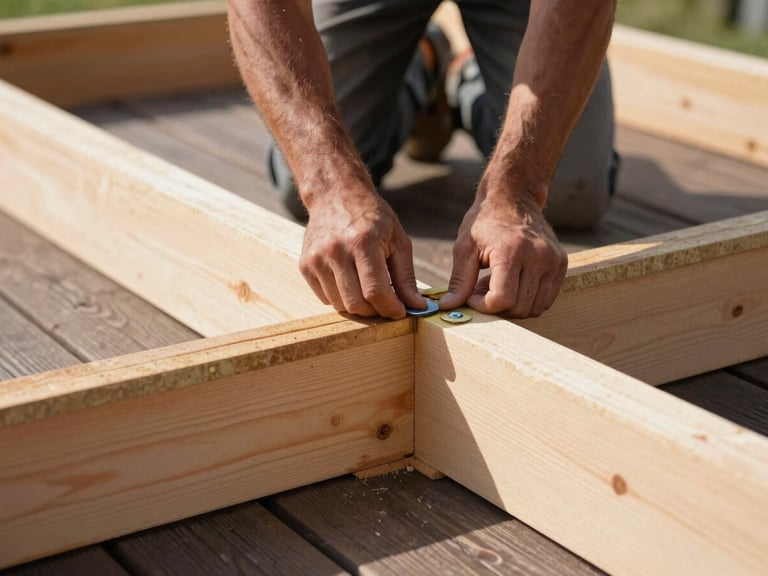 Close-up of a skilled carpenter installing pressure-treated deck joists, showing proper spacing and secure fastening, crisp outdoor photography, bright morning daylight, natural colors, sharp focus, architectural framing, 35mm lens