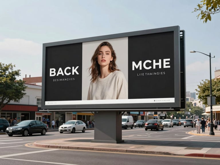 Wide environmental shot, natural daylight — a large-format outdoor billboard on a busy urban street corner showing a bold retail campaign in-market, traffic and storefronts visible in the mid-ground, clean sky above