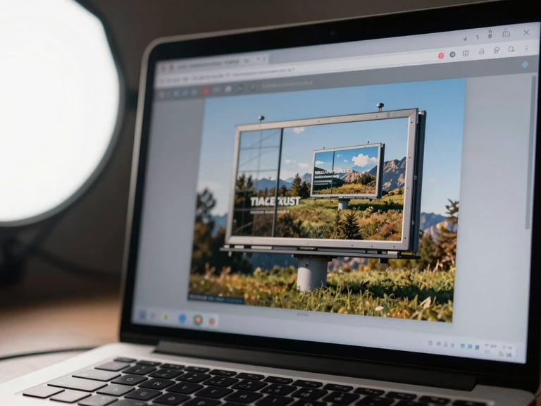 Close-up of a laptop screen displaying a retargeting ad creative in a browser environment, the ad clearly matching a billboard campaign visual, studio lighting from the left, keyboard edge visible at the bottom of the frame