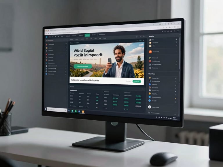 Wide environmental shot of a studio monitor showing a paid social ad set dashboard with live campaign metrics visible on screen, clean desk surface in the foreground, daylight from a window to the right, no people in frame