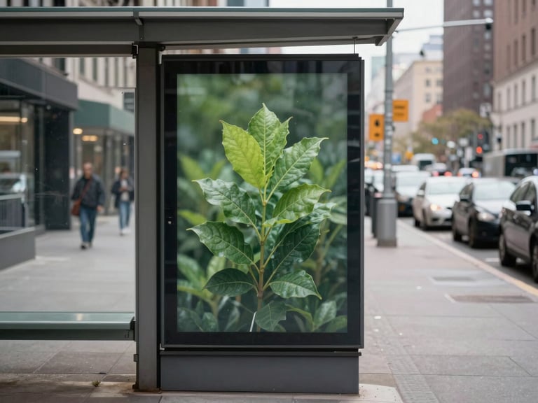 Environmental wide shot of a large transit shelter poster in a downtown urban setting, the ad panel sharp and fully visible under overcast daylight, city street and parked vehicles receding to the right, clean studio-quality print execution visible on the board face