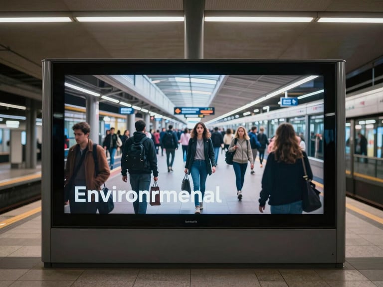 Wide environmental — a digital display screen mounted in a transit concourse showing a live campaign placement, natural commuter environment, overhead station lighting, platform architecture in background