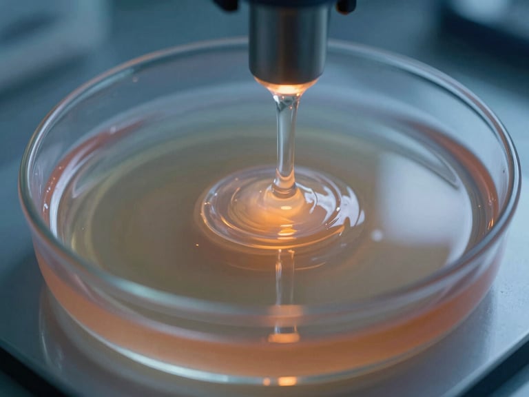 Macro scientific photography of a clinical laboratory test demonstrating chemical adhesion on a saline-exposed surface, high contrast, blue and orange lighting
