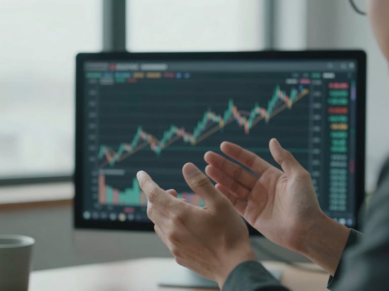 Close-up of hands gesturing over a financial chart on a screen in a professional, calm office setting.