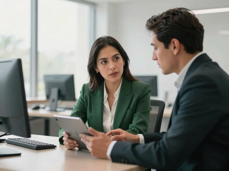Mexican business owner discussing plans with a colleague in a modern, well-lit workspace, focused on a tablet.