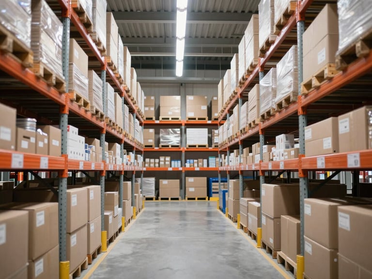 Straight-on eye-level photograph of organized warehouse shelves with clean, labeled boxes under bright overhead warehouse lighting, 35mm lens, sharp focus.